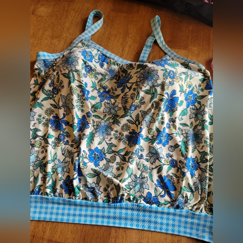 Lands End Blue Floral And Gingham Tankini Top Size 18D